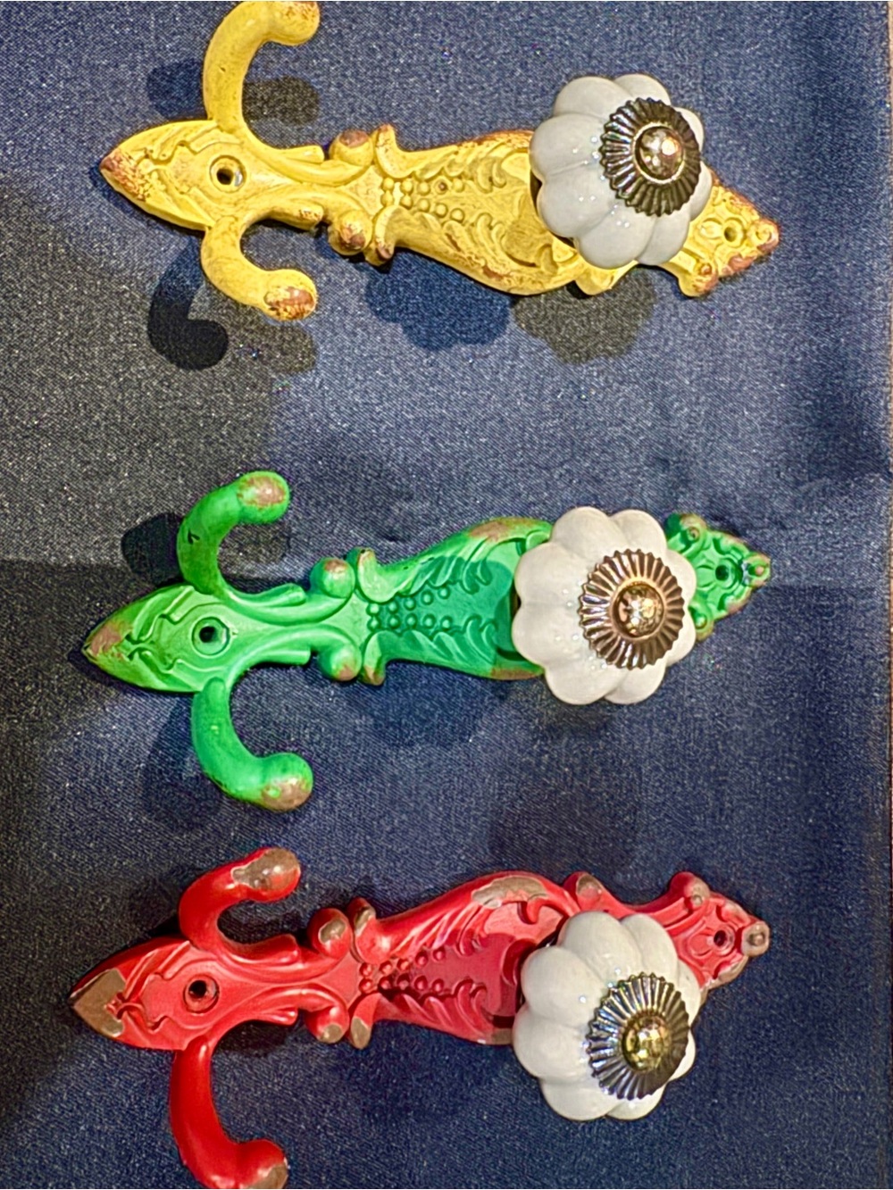 Decorative Floral Ceramic Knob Hooks - Set of 3 (Yellow, Green, Red)
